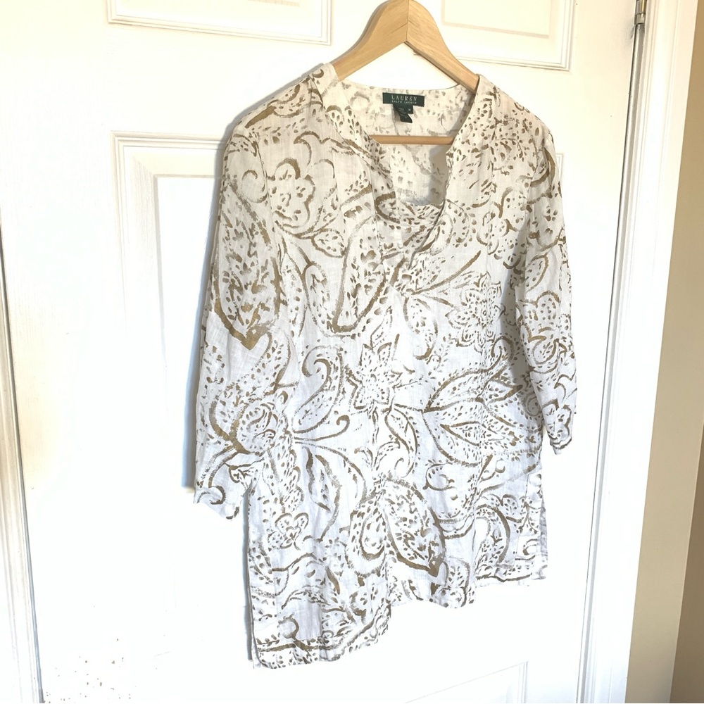 Lauren Ralph Lauren 100% Linen Floral Blouse Cream Gold 3/4 Sleeve Medium